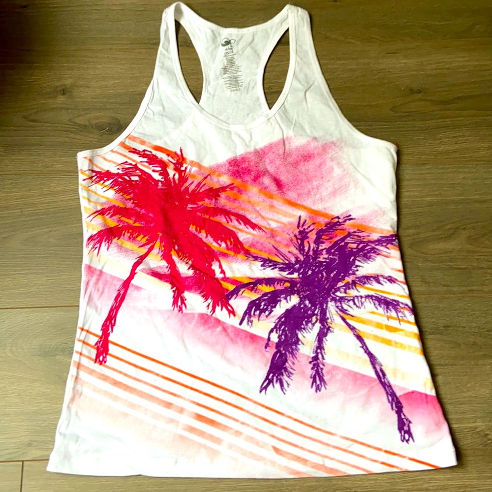 TROPICAL PALM TREE PRINT SLEEVELESS WHITE TANK TOP RACERBACK